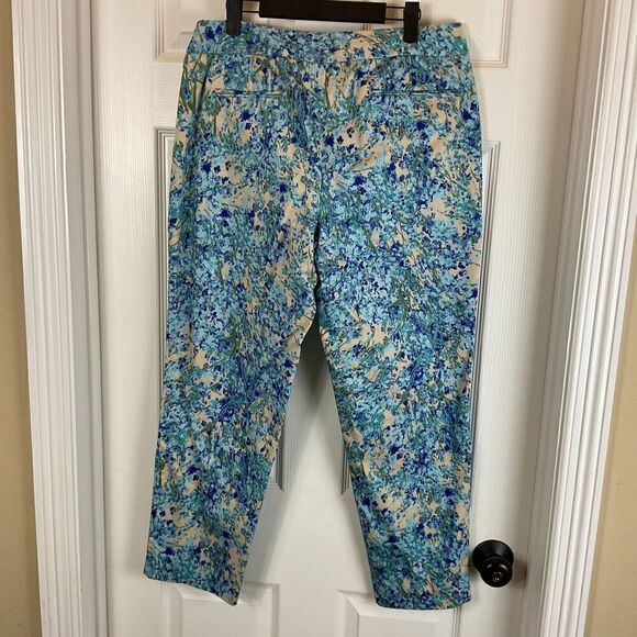 Talbots Signature 12 Blue Watercolor Floral Pant Mid Rise Ankle Career Casual U3 - Picture 3 of 12